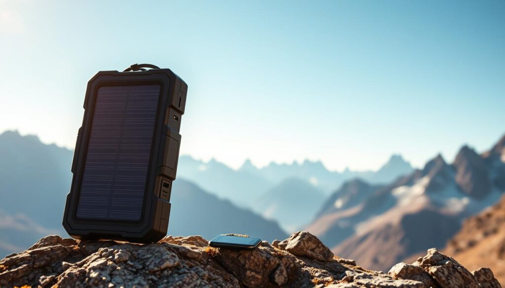 A rugged, portable solar charger stands amidst a breathtaking mountain landscape. Sleek, modern design with sturdy, weatherproof casing. Solar panels fold out, capturing the sun's energy to power a variety of devices. Charging ports and indicators visible, ready to keep gadgets charged during extended outdoor adventures. The charger is placed on a rocky outcrop, framed by towering peaks and a crisp, blue sky. Warm, golden sunlight bathes the scene, creating a sense of adventure and self-sufficiency. The charger appears durable and reliable, perfect for powering up smartphones, cameras, and other electronics on long hiking, camping, or travel excursions.