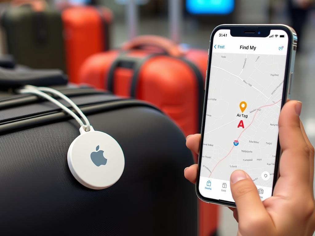 Apple AirTag conectado a uma mala de viagem com aplicativo de rastreamento aberto em um iPhone, gadgets essenciais para viagem Apple AirTag conectado a uma mala de viagem com aplicativo de rastreamento aberto em um iPhone, gadgets essenciais para viagem