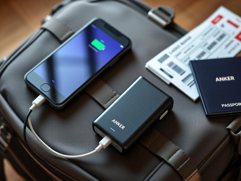 Carregador portátil Anker PowerCore com smartphone conectado, mostrando gadgets essenciais para viagem