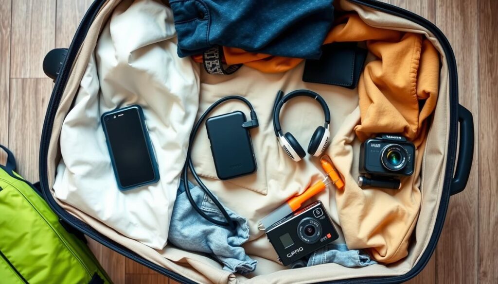 Conjunto dos cinco gadgets essenciais para viagem organizados em uma mala aberta Conjunto dos cinco gadgets essenciais para viagem organizados em uma mala aberta
