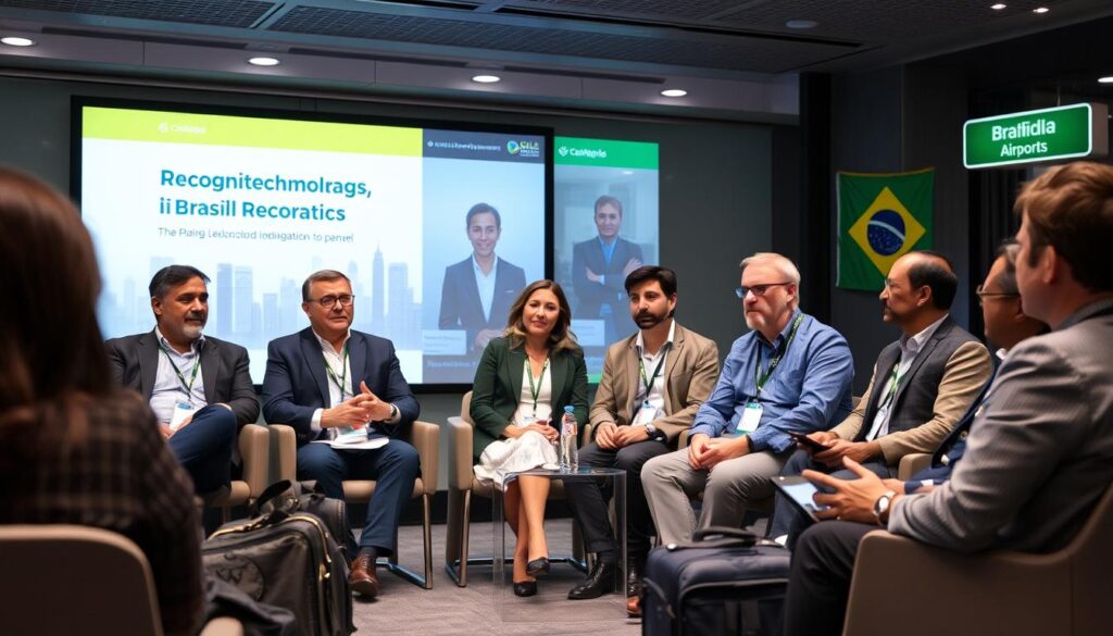 Especialistas e passageiros comentando sobre a tecnologia de reconhecimento facial nos aeroportos do Brasil