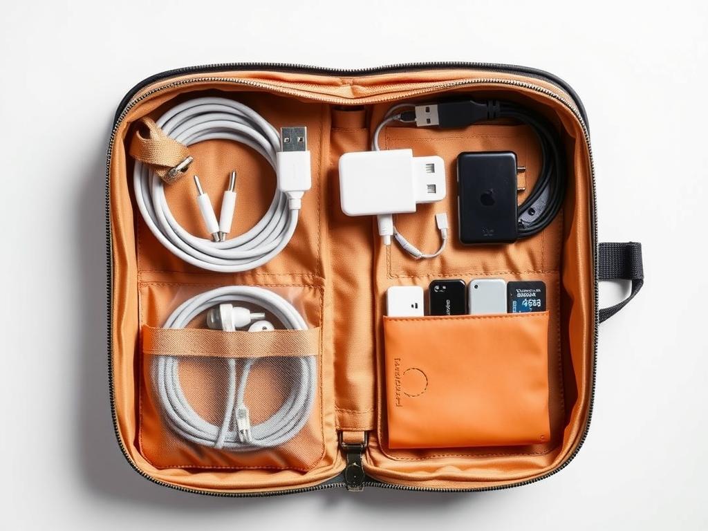 Organizador de cabos e acessórios com gadgets essenciais para viagem arrumados Organizador de cabos e acessórios com gadgets essenciais para viagem arrumados