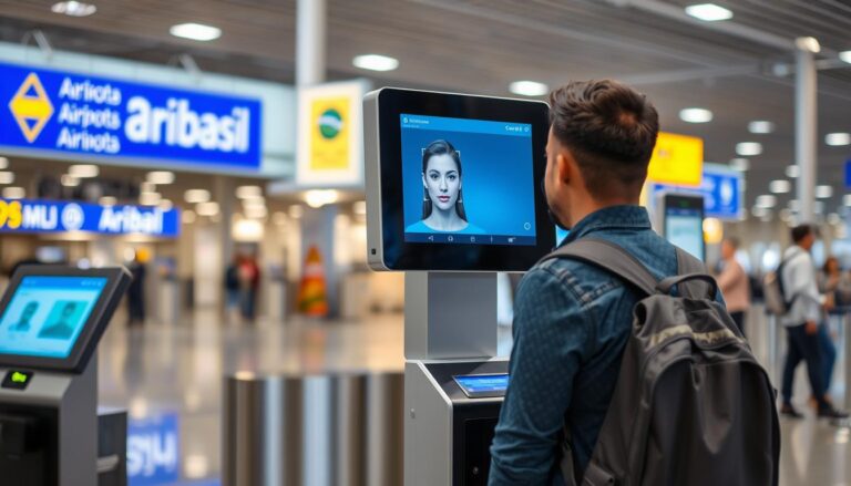 Passageiro utilizando tecnologia de reconhecimento facial em aeroporto brasileiro