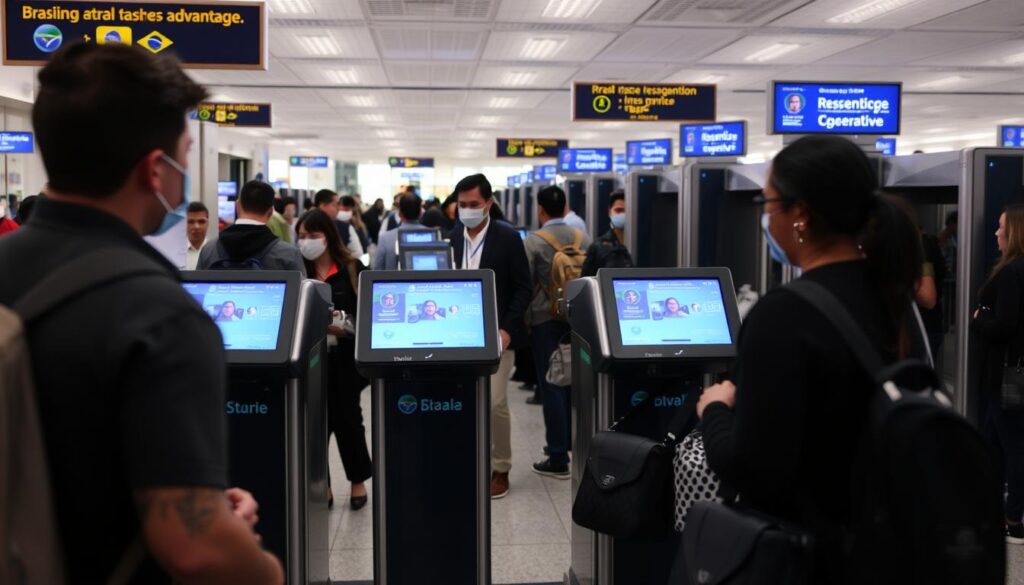 Passageiros utilizando sistema de reconhecimento facial em aeroporto brasileiro com filas reduzidas