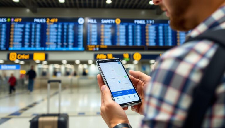 Pessoa utilizando aplicativo para rastrear bagagem em aeroporto