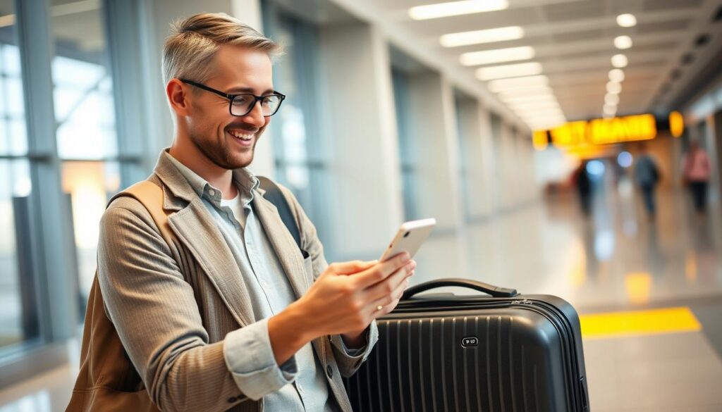 Pessoa viajando com tranquilidade graças ao rastreamento de bagagem em tempo real Pessoa viajando com tranquilidade graças ao rastreamento de bagagem em tempo real